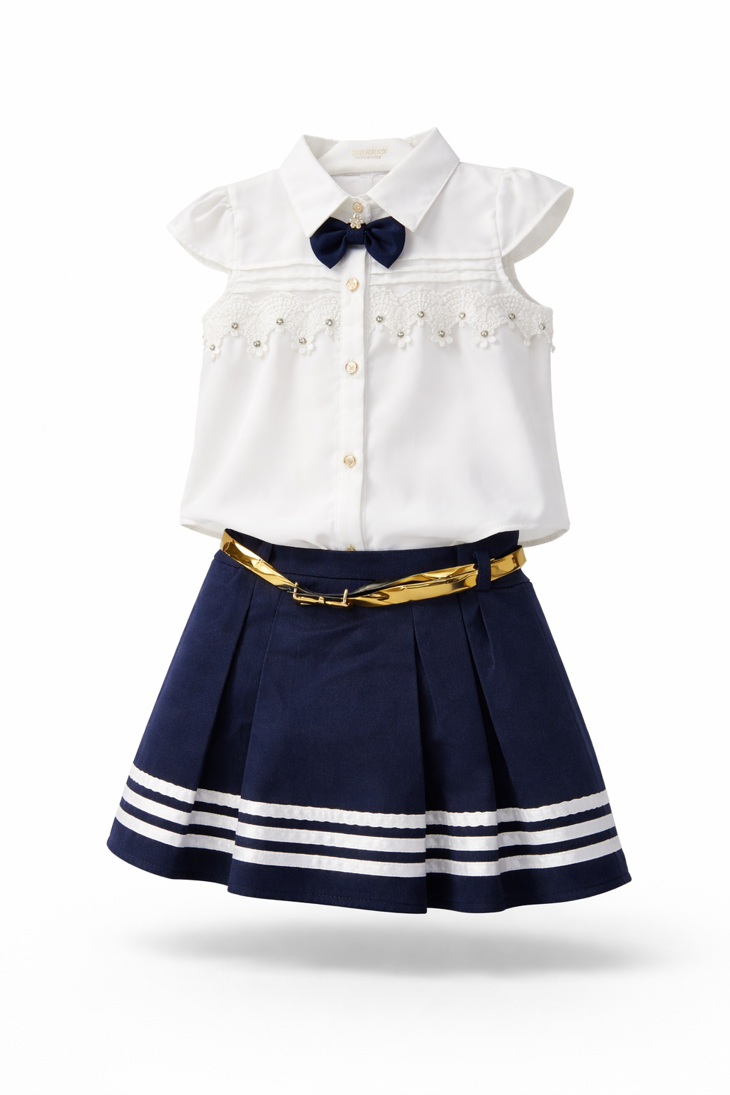 Girls Elegant Bow Shirt & Pleated Skirt Set