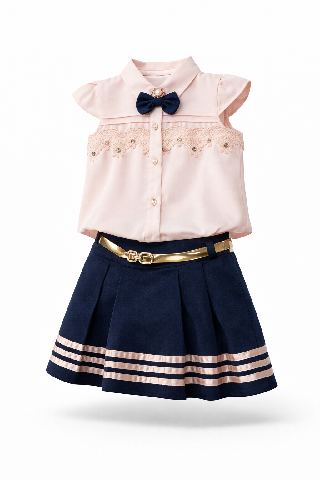 Girls Elegant Bow Shirt & Pleated Skirt Set