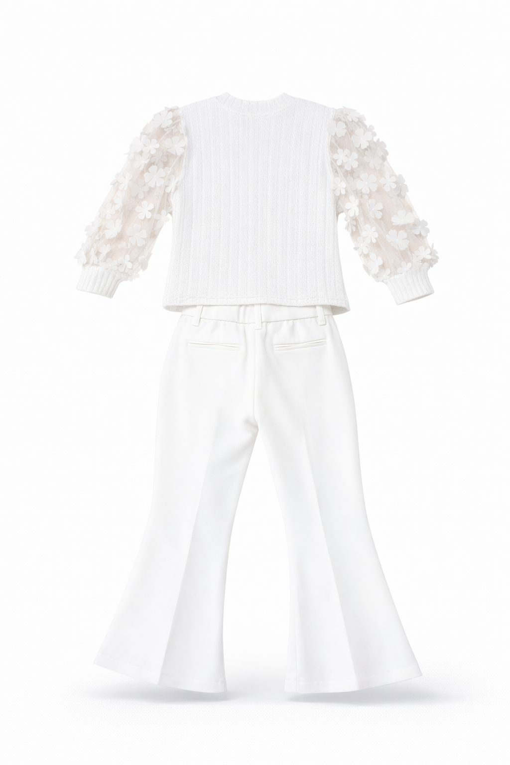 Girls Black Floral Sleeve Top & White Flared Pants Set