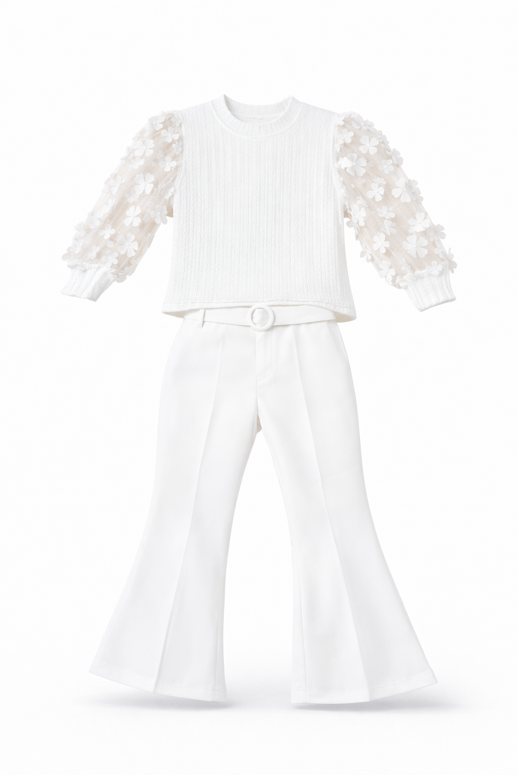 Girls Black Floral Sleeve Top & White Flared Pants Set