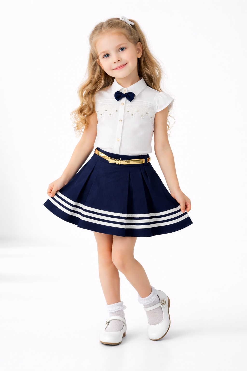 Girls Elegant Bow Shirt & Pleated Skirt Set