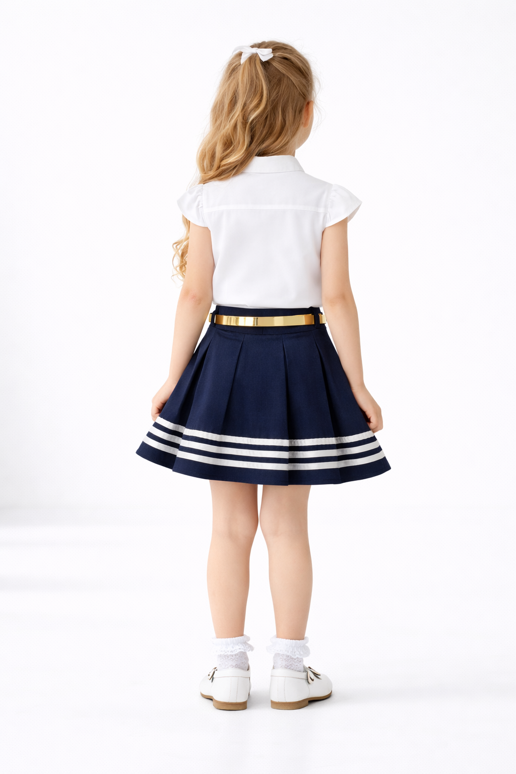 Girls Elegant Bow Shirt & Pleated Skirt Set