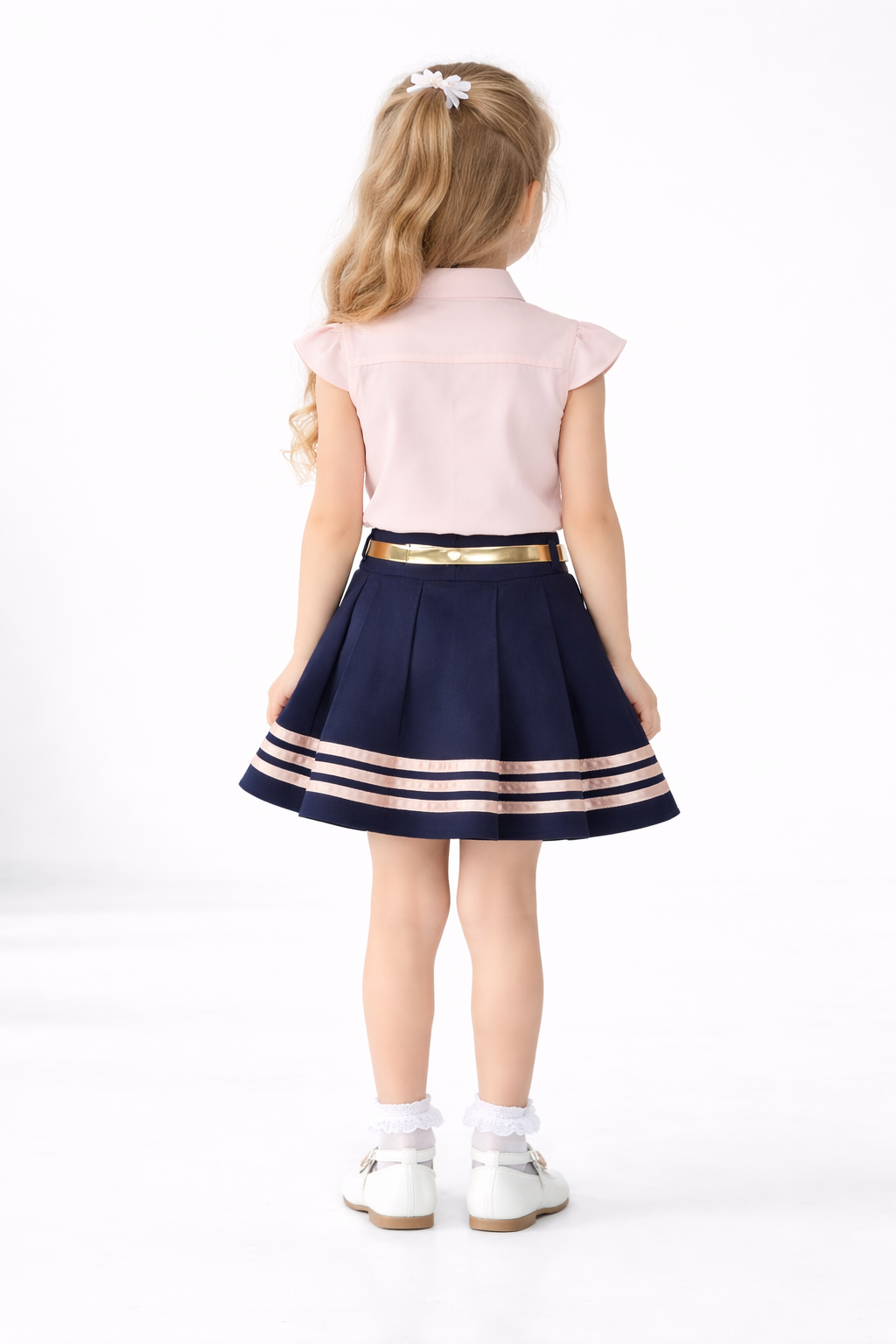 Girls Elegant Bow Shirt & Pleated Skirt Set