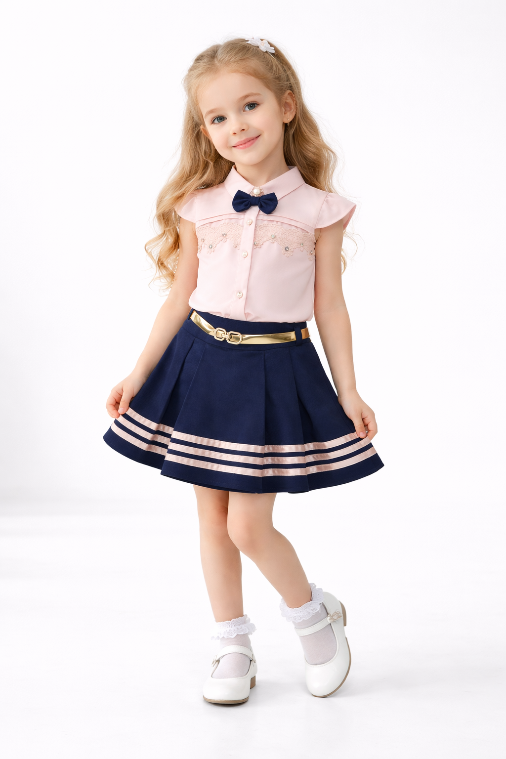Girls Elegant Bow Shirt & Pleated Skirt Set