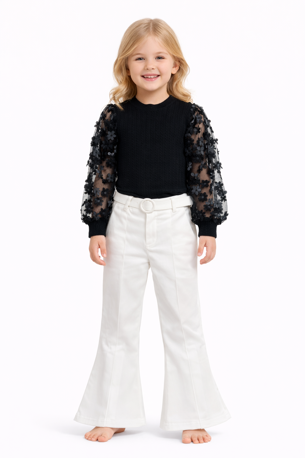 Girls Black Floral Sleeve Top & White Flared Pants Set