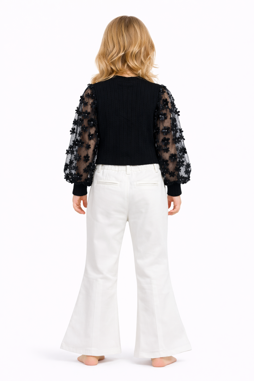 Girls Black Floral Sleeve Top & White Flared Pants Set
