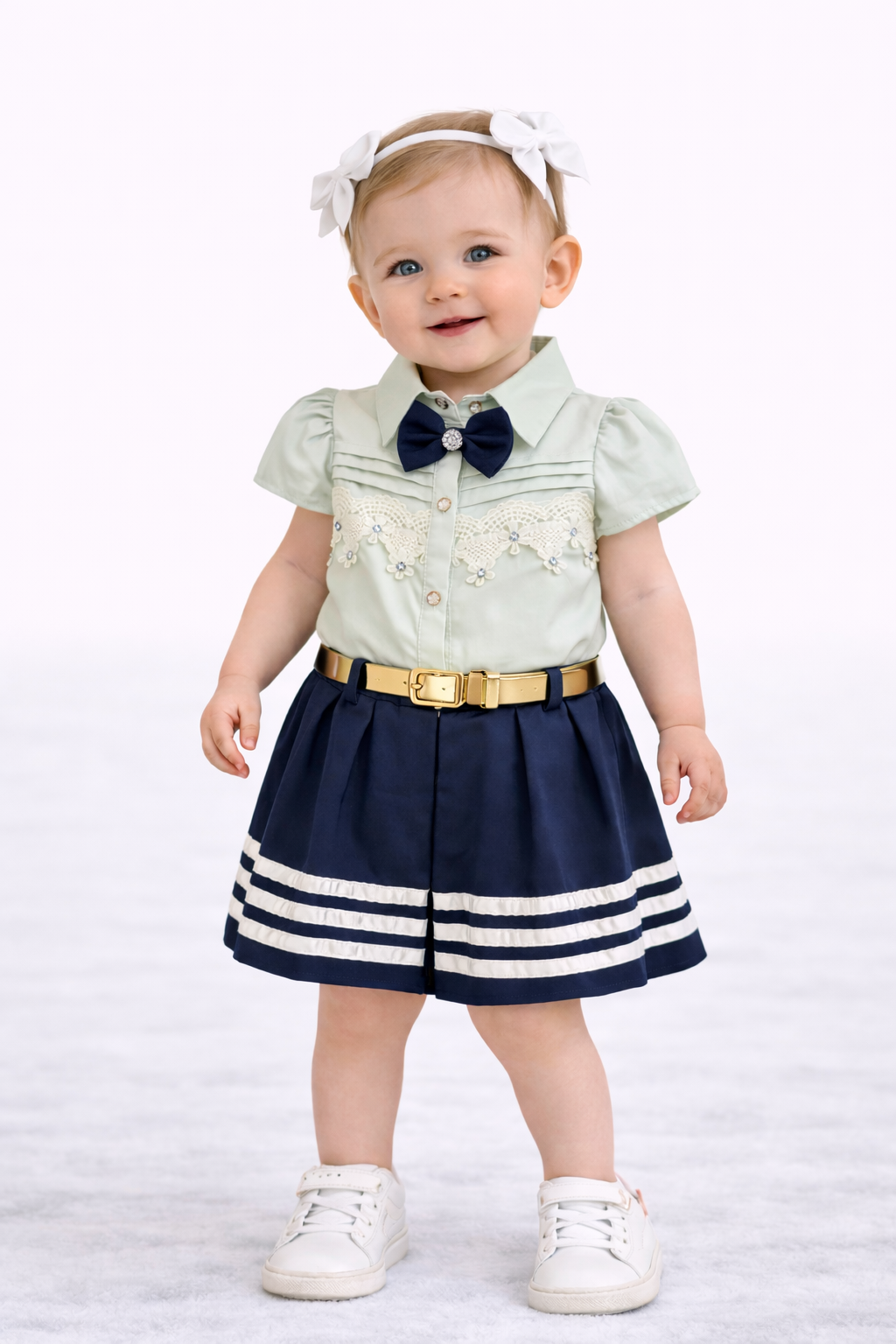 Girls Elegant Bow Shirt & Pleated Skirt Set